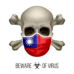 Human Skull with Crossbones and Surgical Mask in the Color of National Flag Taiwan. Mask in Form of the Flag and Skull as Concept of Dire Warning that the Viral Disease Can be Fatal.