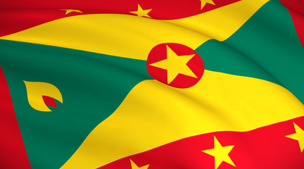 Grenada National Flag (Grenadian flag) - waving background illustration. Highly detailed realistic 3D rendering