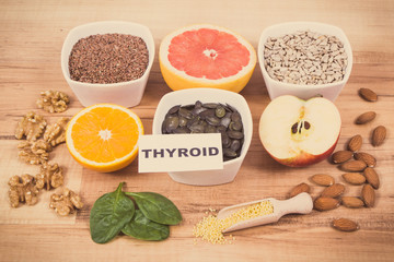 Fototapeta na wymiar Products and ingredients containing vitamins for healthy thyroid