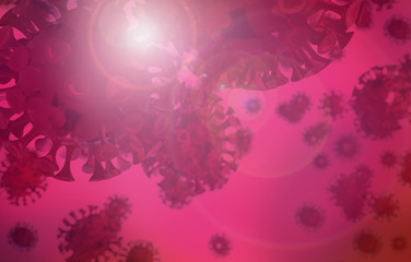 Red COVID-19 virus background with lens flare. 3D render
