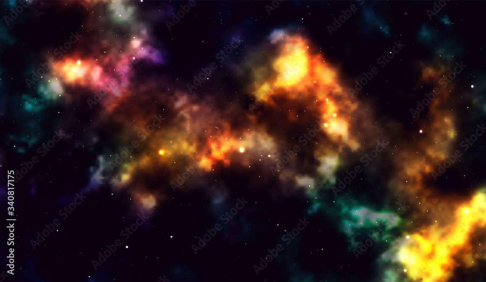 Wall mural space background fantastic outer view with realistic bright stars and cluster of gas clouds. univers