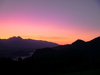 View on the beautiful sunrise over the majestic hills with the Lake Bled in Slovenia