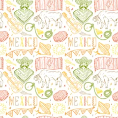 Foto auf Leinwand Mexico Vector Seamless pattern. Mexican items - Hand drawn doodle Mexican man, ponchos, sombrero, guitar, rodeo, bull, lasso  © AllNikArt