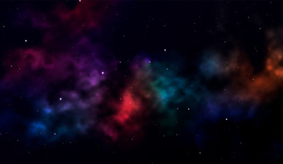 Space background Fantastic outer view with realistic bright stars and cluster of gas clouds. Universe with nebulae, galaxies and star clusters. Infinite cosmic open spaces. Vector illustration