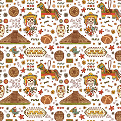 Mexico Vector Seamless pattern. Mexican items - Hand drawn doodle Mexican sights, cultural artifacts, Day of the Dead Attributes, patterns
