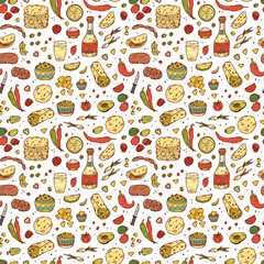 Mexican tradition Food Vector Seamless pattern. Hand drawn doodle Tequila, corn tortilla, taco, burritos, guacamole, nachos corn chips, Vegetables
