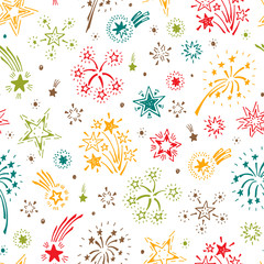 Obraz premium Holiday Wallpaper. Festive party background. Hand Drawn doodle Fireworks and Stars Seamless Pattern - Vector illustration 
