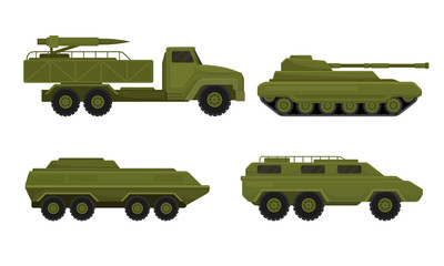 Fototapeta premium Armored Military Vehicles with Heavy Tank System Vector Set