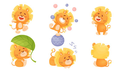 Naklejka premium Cartoon Lion Cub Playful Character with White Teeth and Thick Mane Vector Set