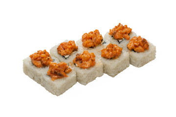 Rolls with sauce. Asian food. White background. Copy space, studio shot.