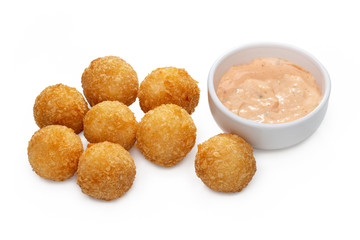 Ready meal. Rice balls with shrimp. White background. Copy space, isolated.