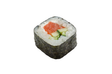 Rolls with smoked salmon, cheese and cucumber. Asian food. Copy space, studio shot, isolated.