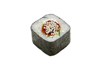  Roll with eel, cucumber and cheese. Asian food. Copy space, close-up, studio shot.