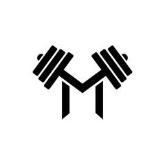Letter M Fitness Gym Logo Design. Barbel Sports Vector Icon