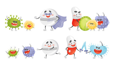 Medical Tablets and Pills Fighting Against Virus and Microbes Vector Set