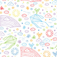 Summer background. Sky Seamless pattern. Hand drawn doodle Rainbow, kite flying, sun, clouds. Background for kids. Children's wallpaper
