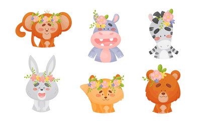 Cartoon Animals with Flowers on Their Heads Vector Set