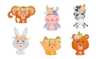 Rolgordijnen Speelgoed Tekenfilm dieren met bloemen op hun hoofd Vector Set