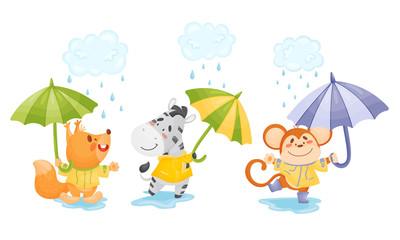 Obraz na płótnie Canvas Smiley Animals Wearing Coat Walking in Rainy Day with Umbrella Vector Set