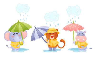 Smiley Animals Wearing Coat Walking in Rainy Day with Umbrella Vector Set