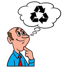 Thinking about Recycling - A cartoon illustration of a man thinking about Recycling.