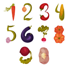 Numbers Made of Fresh Juicy Vegetables Vector Set