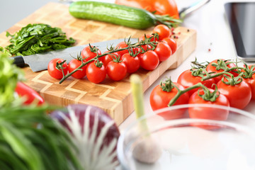 Dieting Vegetable Salad Ingredients Abundance. Small Tomato, Organic Cucumber, Sliced Aromatic Greens and Big Sharp Knife on Cutting Board. Natural Culinary Recipe Horizontal Photography