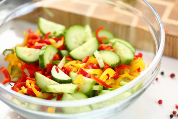 Fresh Chopped Chili Pepper Cucumber Salad Bowl. Small Cuke Pieces. Colorful Dieting Vegetable Dish. Natural and Ripe Ingredient. Home Culinary. Healthy Culinary Recipe Horizontal Photography