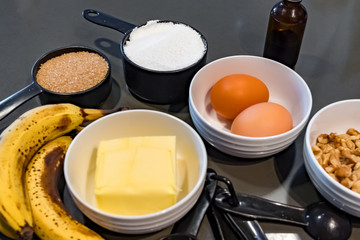 Fresh ingredients for a banana bread recipe