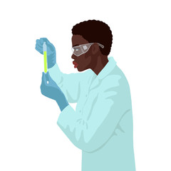 African woman scientist analyzes results in the chemistry laboratory. Side view.