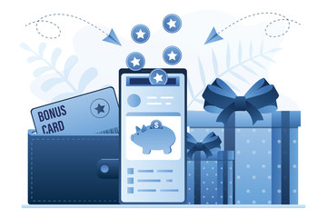 Smartphone with reward program app. Loyalty,bonus card in wallet.
