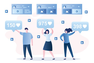 Social media users receive like and hearts. Social network profiles and humans holds speech bubbles
