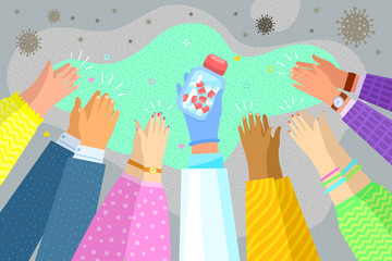 Concept of found an effective remedy, a vaccine against the disease. Hand in blue latex glove holds a jar of pills