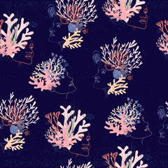 Seamless pattern with woman face portrait with underwater world, coral, jellyfish, shells, algae and plants. Editable vector illustration.