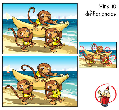 Three little monkeys are going to ride a banana. Find 10 differences. Educational game for children. Cartoon vector illustration