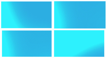 Obraz premium Blue pop art background. Abstract creative vector comics style blank layout template with clouds beams and isolated dots pattern. Set for sale banner, empty polka dots bubble