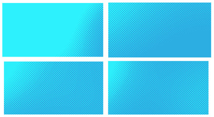 Fototapeta premium Blue pop art background. Abstract creative vector comics style blank layout template with clouds beams and isolated dots pattern. Set for sale banner, empty polka dots bubble