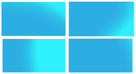 Obraz premium Blue pop art background. Abstract creative vector comics style blank layout template with clouds beams and isolated dots pattern. Set for sale banner, empty polka dots bubble