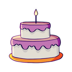 Vector birthday two-tier cake with a candle. Two-story cake icon or logotype for cake shop, bakery, pastry shop, confectionery, birthday card. Stock illustration isolated on a white background.