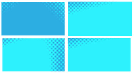 Fototapeta premium Blue pop art background. Abstract creative vector comics style blank layout template with clouds beams and isolated dots pattern. Set for sale banner, empty polka dots bubble