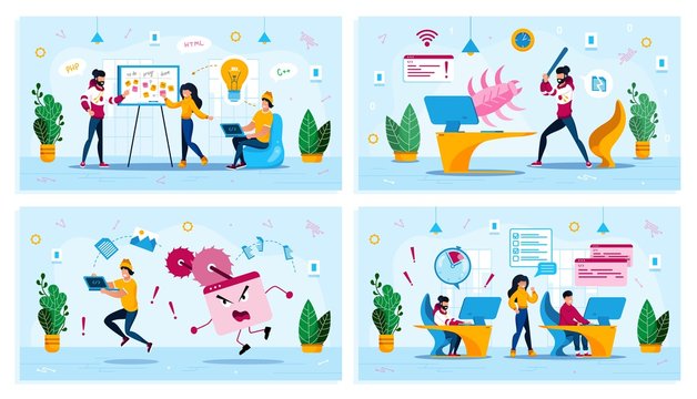 Ideas Brainstorming, Malware Software, Project Time Management Trendy Flat Vector Concepts Set. Employees Planning Project, User Fighting with Virus or Bug, Web Developers Fails Deadline Illustration