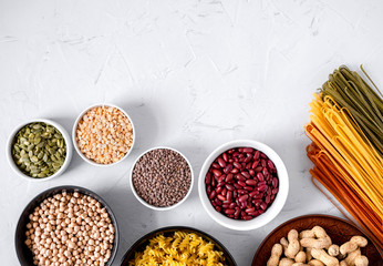 Pasta, lentils, Chickpeas And Beans In Bowls Top View. Copy space.