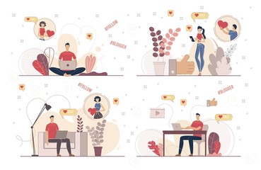 Online Content Creator, Popular Blogger Fan, Vlogger Audience Character Set. Men and Women Subscribing to Blogger Channel, Liking, Commenting, Sharing Video in Internet Trendy Flat Vector Illustration