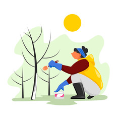 a woman paints a tree with a protective compound. vector image of a person working in a garden