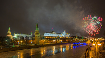 fireworks over the moscow kremlin russia
