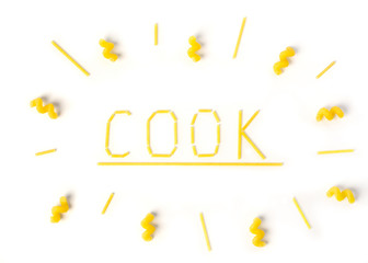 word "cook" inside circl of pasta isolated white