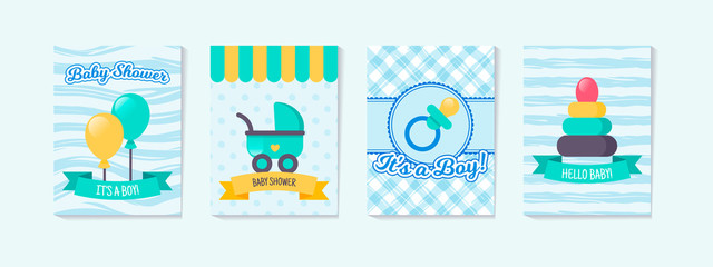 Set of vertical baby shower cards with cute baby carriage, nipple, toy pyramid, balloons. It’s a boy.