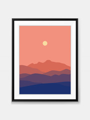 Vector Sunset Mountain View Landscape Minimal Painting on Wall with Black Frame