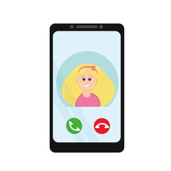 screen smartphone in call mode with a woman in a flat style. remote distance communication with family and friends, safety during an epidemic and quarantine. icon, sticker poster banner