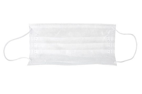 Protective medical mask with rubber ear straps white background isolated close up, one disposable surgical face mask, respiratory facial mask, safety breathing mask, viral or dust pollution protection